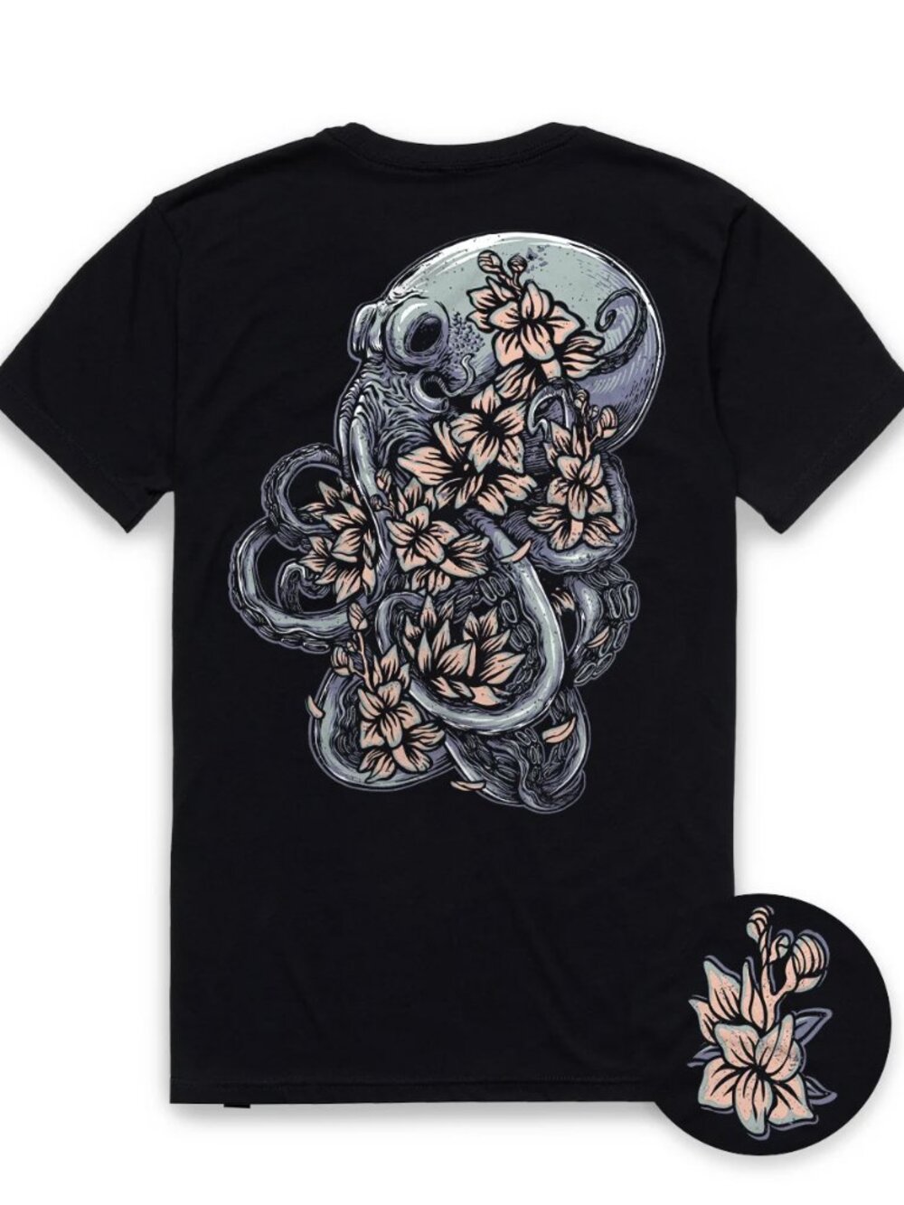 Black Floral Octopus Graphic Tee Ocean Nature Illustrated Art Shirt